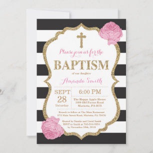 Convite de Batismo com Brilho Preto Rosa e Dourado