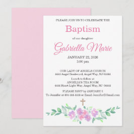 Convite de Batismo com Cruz Floral em Aquarela Ros