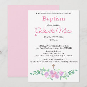 Convite de Batismo com Cruz Floral em Aquarela Ros