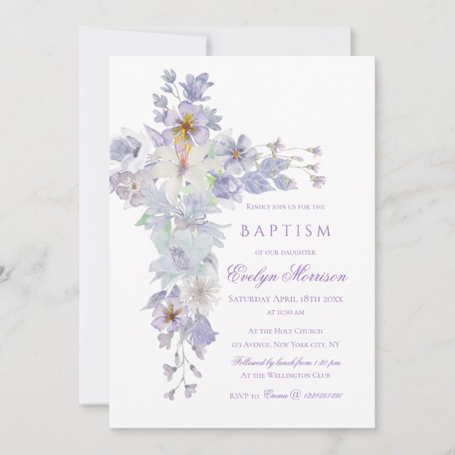 Convite de Batismo com Cruz Floral Lavanda (Frente)