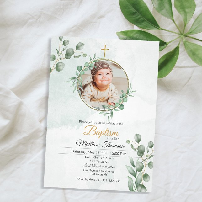Convite de Batismo com Eucalipto Verde (Green Eucalyptus Baptism Invitation)