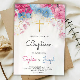 Convite de Batismo com floral azul e uma cruz dour