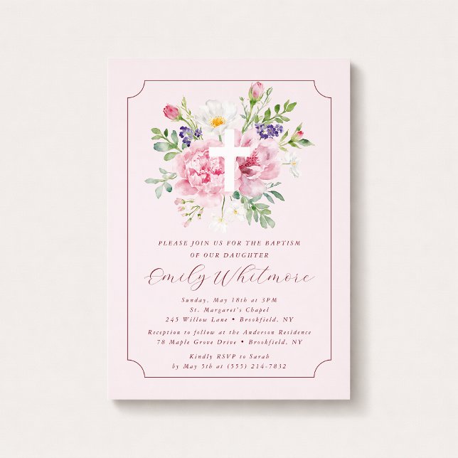 Convite de Batismo com FLORES Rosas para Menina (Criador carregado)