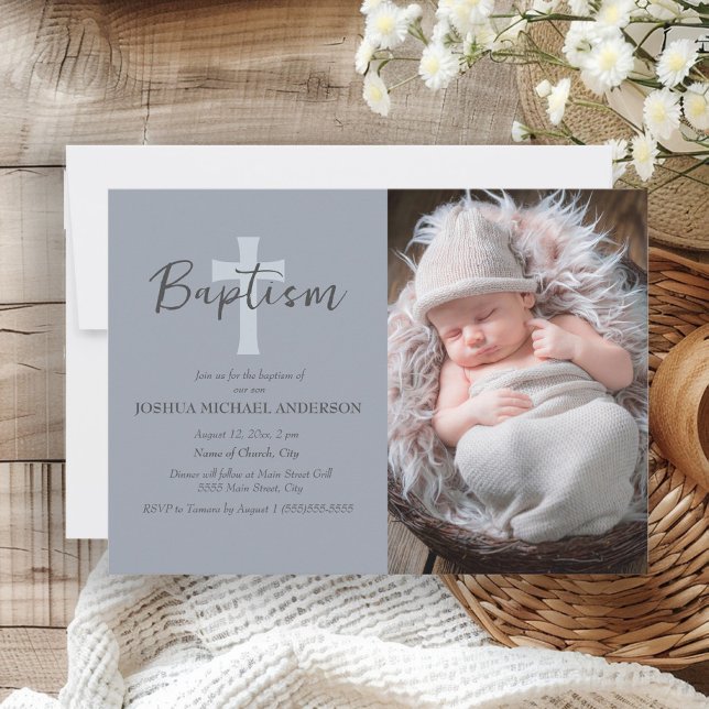 Convite de Batismo com Foto de Bebê Menino Azul (Dusty blue baby baptism photo invitation)