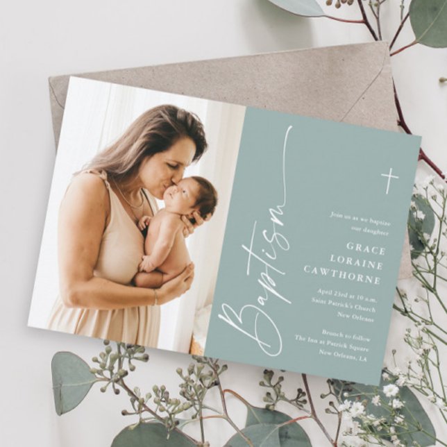 Convite de Batismo com Foto de Gênero Neutro em Le (Modern script photo baptism invitations.)