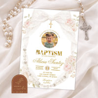 Convite de Batismo com Foto de Renda Marfim e Laço