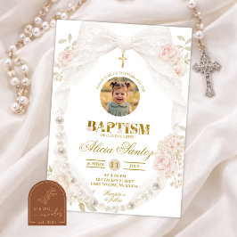 Convite de Batismo com Foto de Renda Marfim e Laço