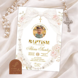 Convite de Batismo com Foto de Renda Marfim e Laço