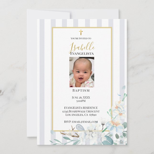 Convite de Batismo com Foto Floral Azul Elegante e (Frente)