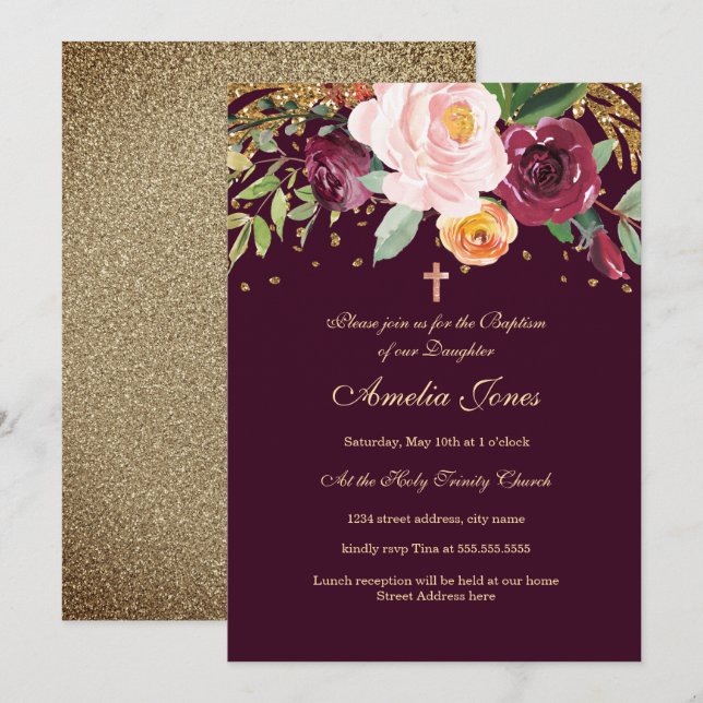 Convite de Batismo com Glitter Floral Dourado Borg (Frente/Verso)