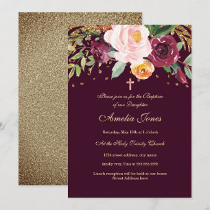Convite de Batismo com Glitter Floral Dourado Borg