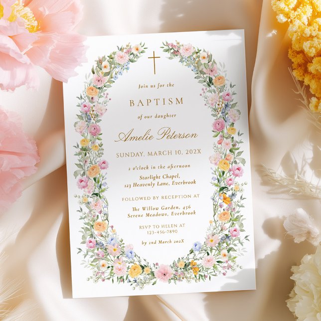Convite de Batismo com Grinalda Floral em Aquarela (Criador carregado)