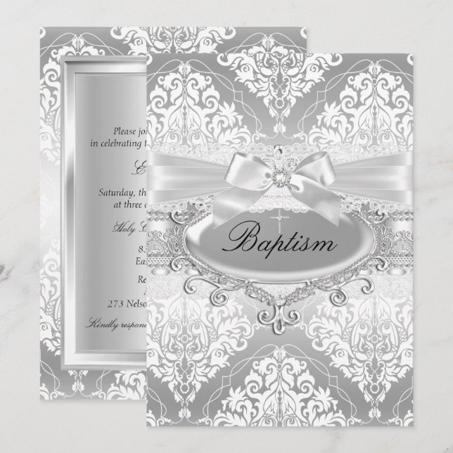 Convite de Batismo com Laço de Damasco Prateado Bo (Frente/Verso)