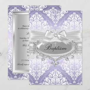 Convite de Batismo com Laço de Damasco Roxo Bonito