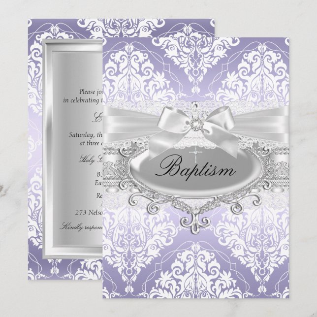 Convite de Batismo com Laço de Damasco Roxo Bonito (Frente/Verso)