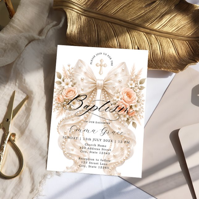Convite de Batismo com Laço Floral Elegante e Péro (Criador carregado)