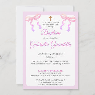 Convite de Batismo com Laço Ombre Rosa Pastel e La