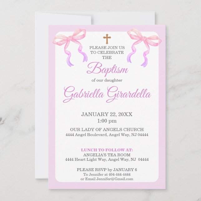 Convite de Batismo com Laço Ombre Rosa Pastel e La (Frente)
