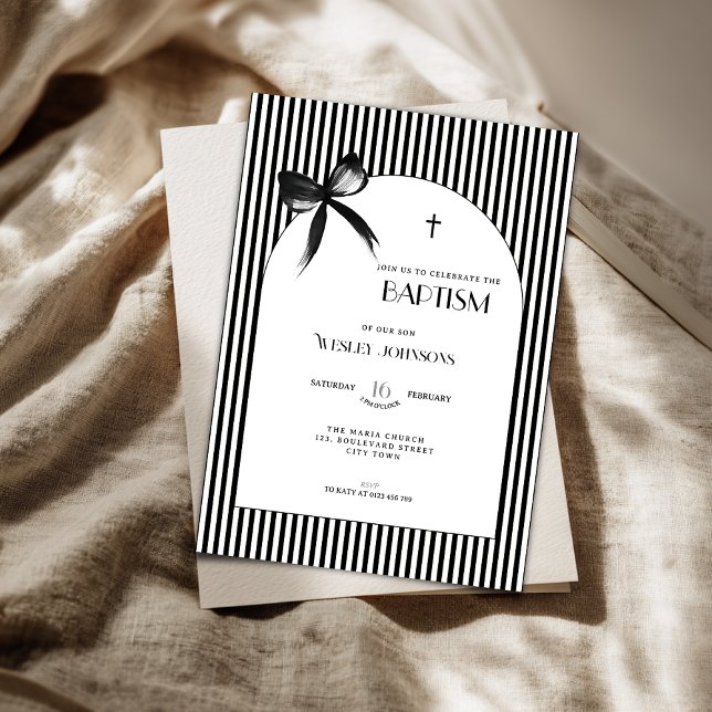 Convite de Batismo com Laço Preto para Meninos e M (Black bow baptism invitation for gender neutral, boys and girls.)