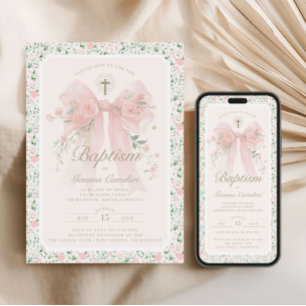 Convite de Batismo com Laço Rosa Floral Elegante