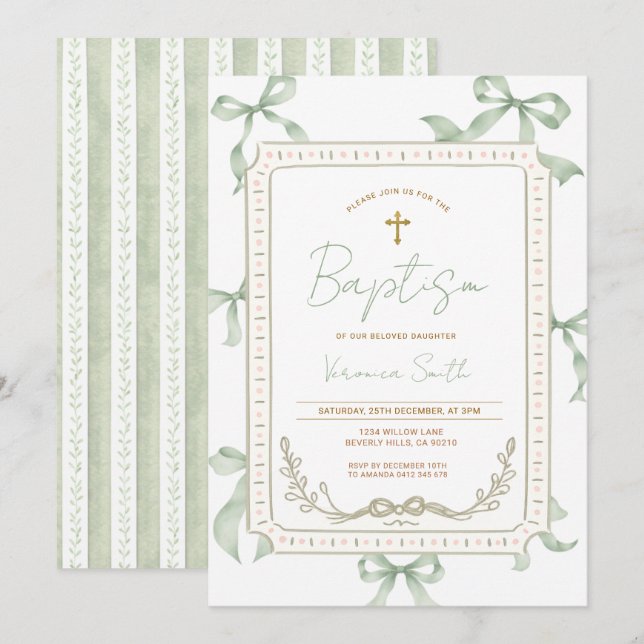 Convite de Batismo com Laço Verde Sage (Frente/Verso)