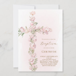 convite de Batismo com peônias rosa em aquarela e 