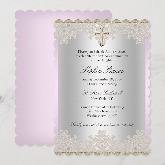 Convite de Batismo/Crisma Pretty Lace & Cross (Frente/Verso)