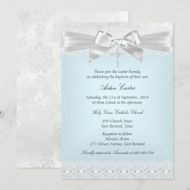 Convite de Batismo Cruz de Renda Azul Branco (Frente/Verso)