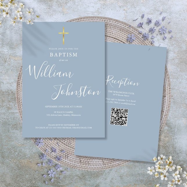 Convite de Batismo Cruz Dourada Código QR Azul Poe (Baptism Christening Gold Cross Dusty Blue QR Code Invitation)