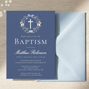 Convite de Batismo Cruz Floral Azul Marinho Elegan