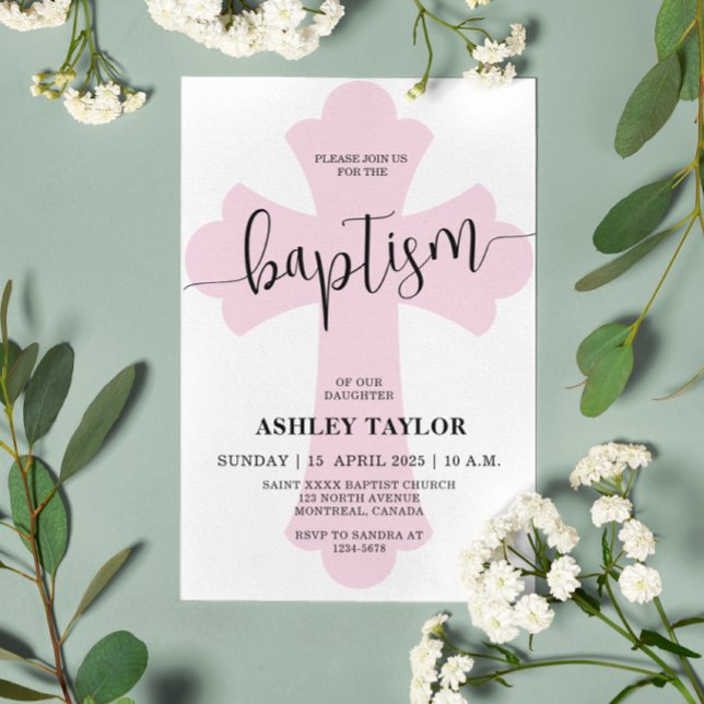 Convite de Batismo Cruz rosa claro (Criador carregado)