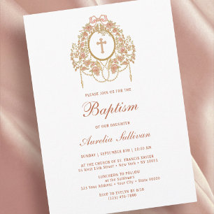 Convite de Batismo Cruz Sagrada em Moldura Elegant