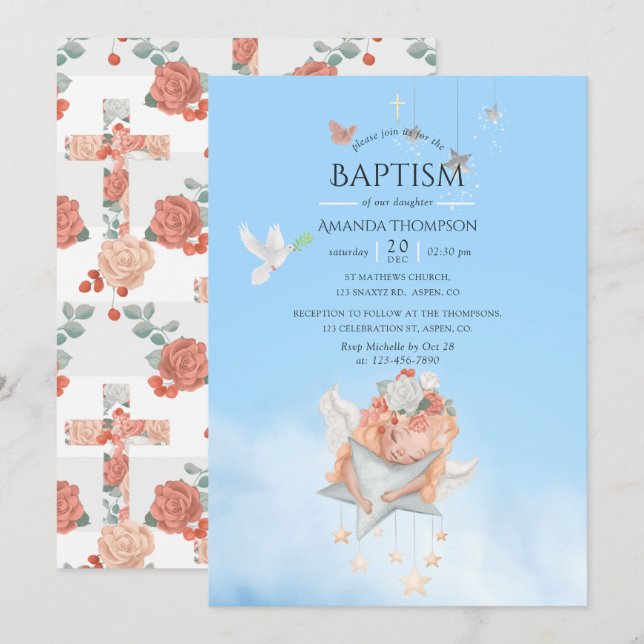 Convite de Batismo de Anjo Menina Aquarela (Frente/Verso)