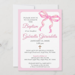 Convite de Batismo de Arco e Cruz em Aquarela Rosa