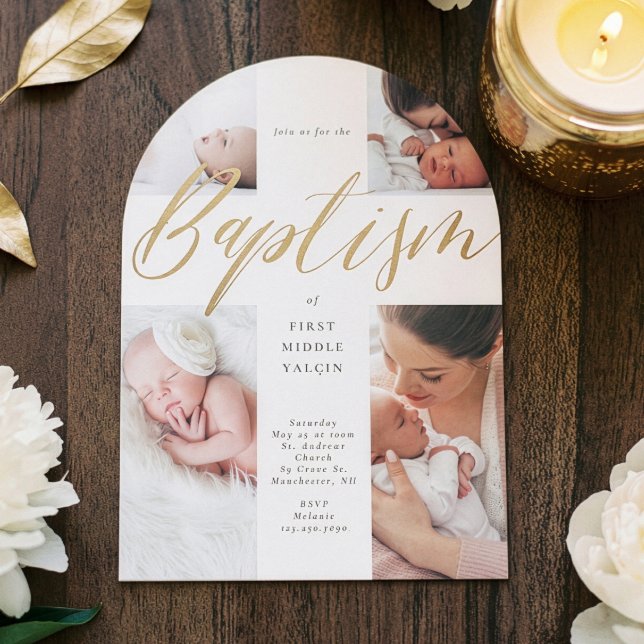 Convite de Batismo de Bebê com Colagem de Fotos em (Gold Calligraphy Photo Collage Baby Baptism Cross Invitation)