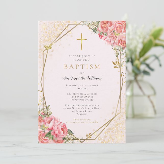 Convite de Batismo de Bebê Menina Floral Rosa (Em pé/Frente)