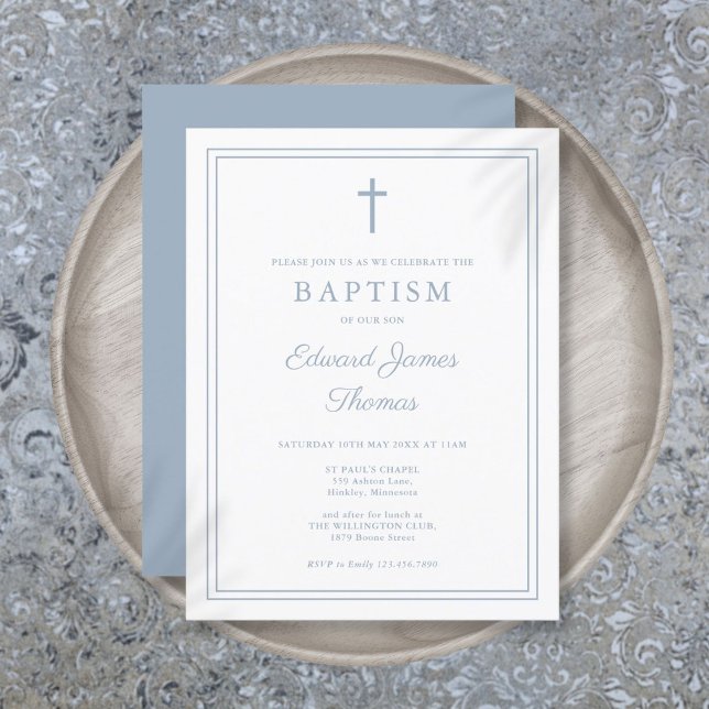 Convite de Batismo de Borda Azul Empoeirada Elegan (Elegant Dusty Blue Border Baptism Invitation Postcard)