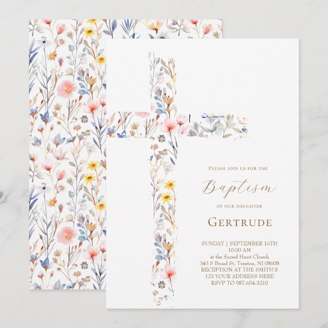 convite de batismo de flores de aquarela cruz (Frente/Verso)