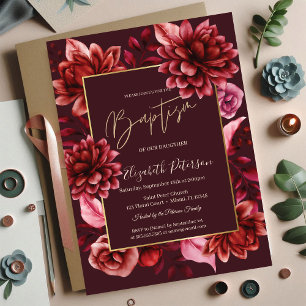 Convite de Batismo de Flores Vermelhas Elegantes