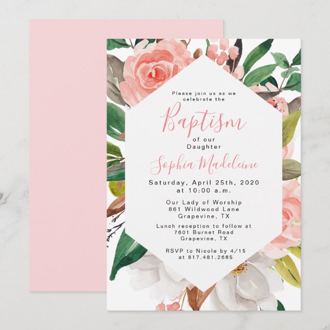 Convite de Batismo de Menina com Aquarela Floral (Frente/Verso)