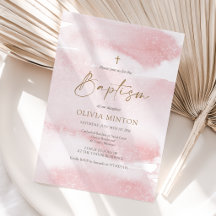 Convite de Batismo de Menina com Aquarela Rosa Blu