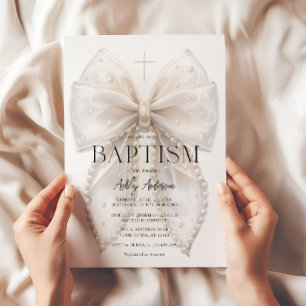 Convite de Batismo de Menina com Laço Branco Elega
