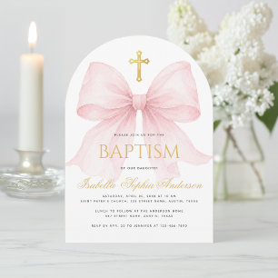 Convite de Batismo de Menina com Laço Rosa e Cruz 