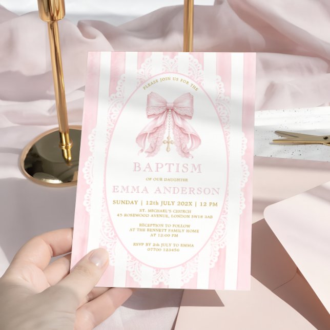 Convite de Batismo de Menina com Laço Rosa Elegant (Criador carregado)