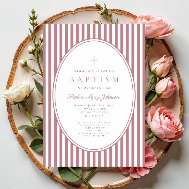 Convite de Batismo de Menina Elegante Listrado Ros (Elegant Dusty Pink Striped Girl Baptism Invitation)