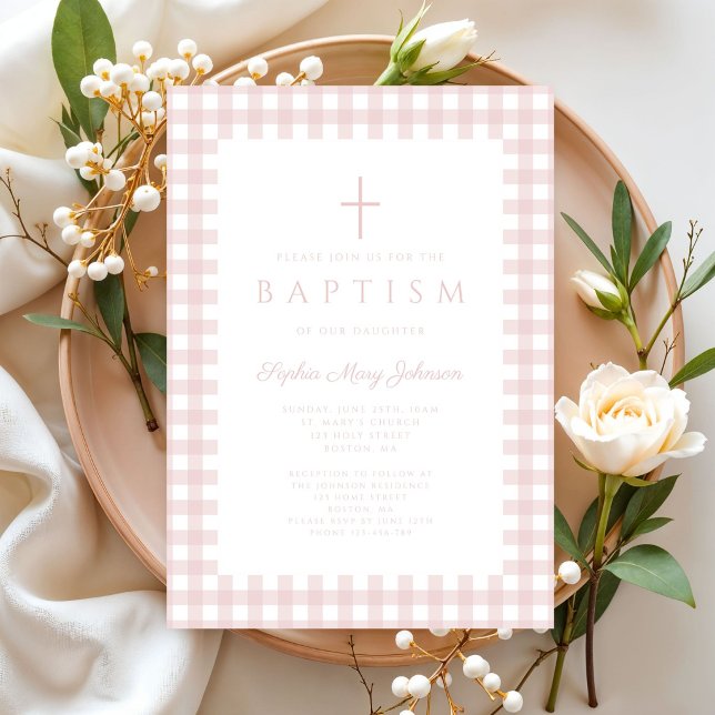 Convite de Batismo de Menina em Xadrez Rosa Elegan (Elegant Blush Pink Gingham Girl Baptism Invitation)