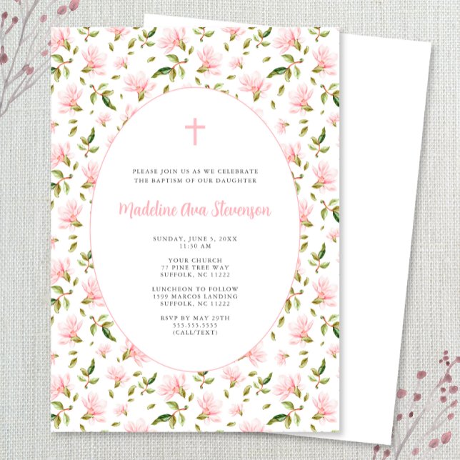 Convite de batismo de menina Floral rosa (Criador carregado)