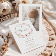 Convite de Batismo de Menina Floral Rosa Elegante