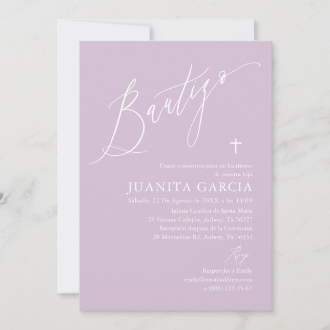 Convite de batismo de menina roxa (Frente)