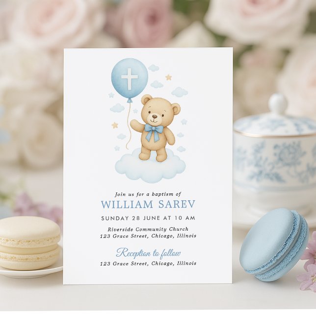 Convite de Batismo de Menino com Urso Teddy Azul D (Sweet teddy bear baptism invite with pastel treats – soft, charming design for baby boys)